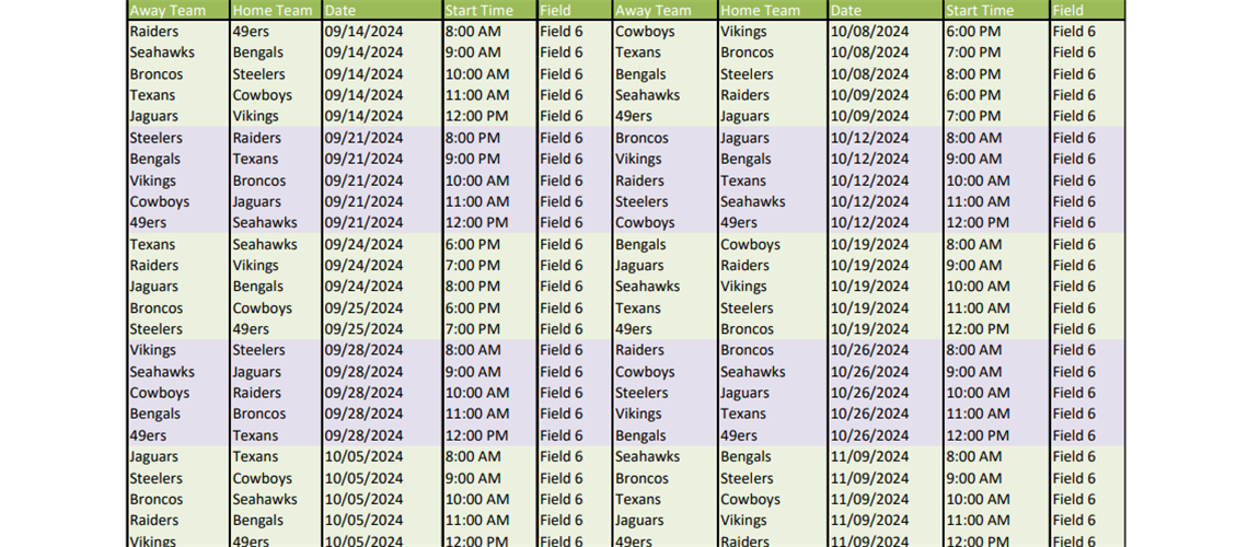 Pee Wee Schedule Fall 2024